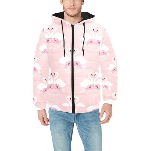 White swan and flower love pattern Men's Padded Hooded Jacket