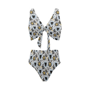 Lion Pattern Print Design 05 Chest Bowknot High Waisted Bikini Swimsuit