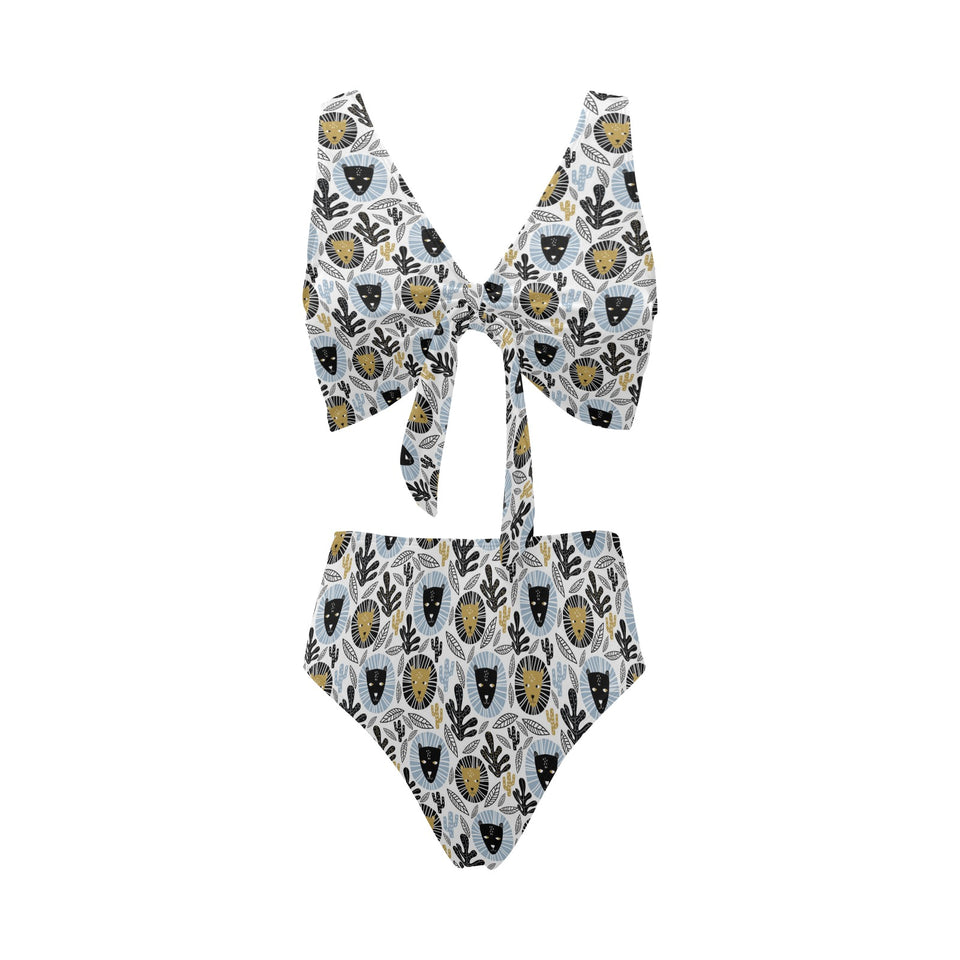 Lion Pattern Print Design 05 Chest Bowknot High Waisted Bikini Swimsuit