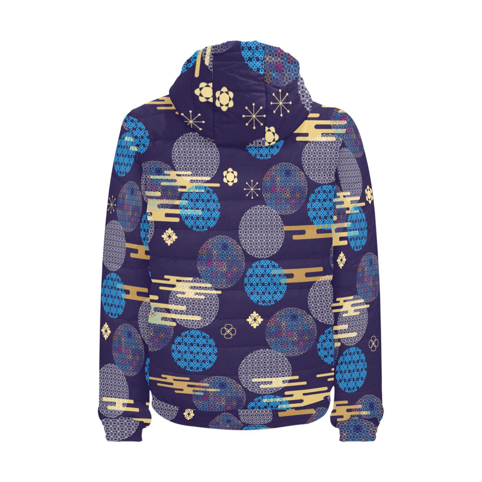 Blue japanese pattern cloud wave flower Men's Padded Hooded Jacket