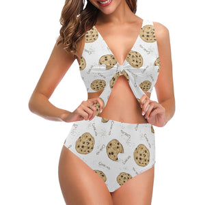 Sketch style cookie pattern Chest Bowknot High Waisted Bikini Swimsuit