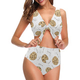 Sketch style cookie pattern Chest Bowknot High Waisted Bikini Swimsuit
