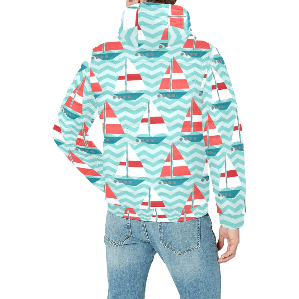 Red White sailboat wave background Men's Padded Hooded Jacket