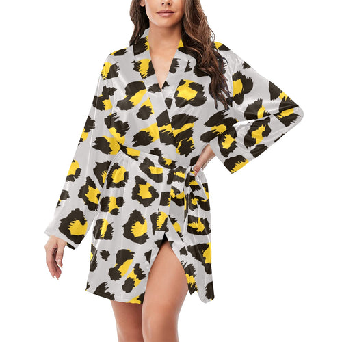 Gray Leopard print pattern Women's Long Sleeve Belted Night Robe