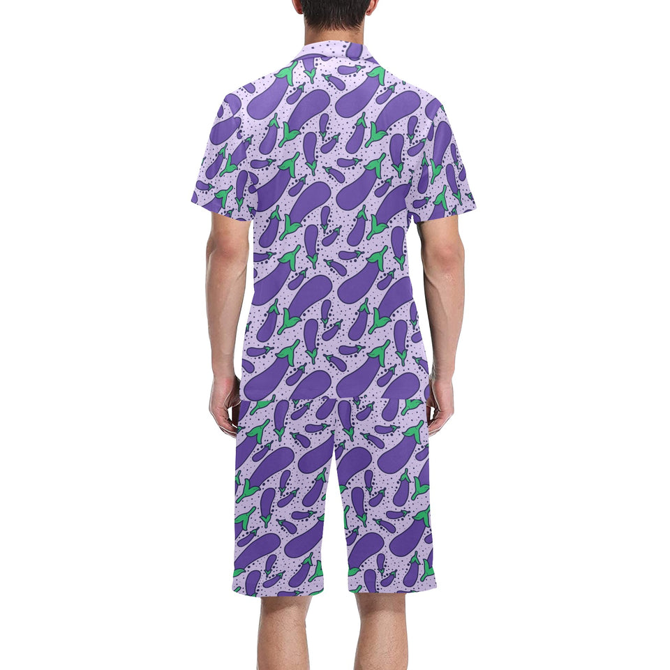 Eggplant Pattern Print Design 03 Men's V-Neck Short Pajama Set