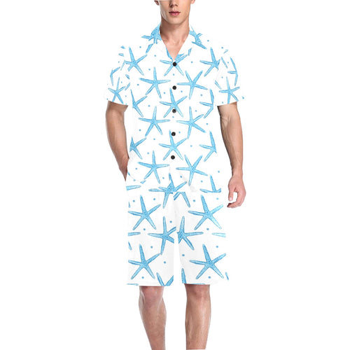 Watercolor starfish pattern Men's V-Neck Short Pajama Set
