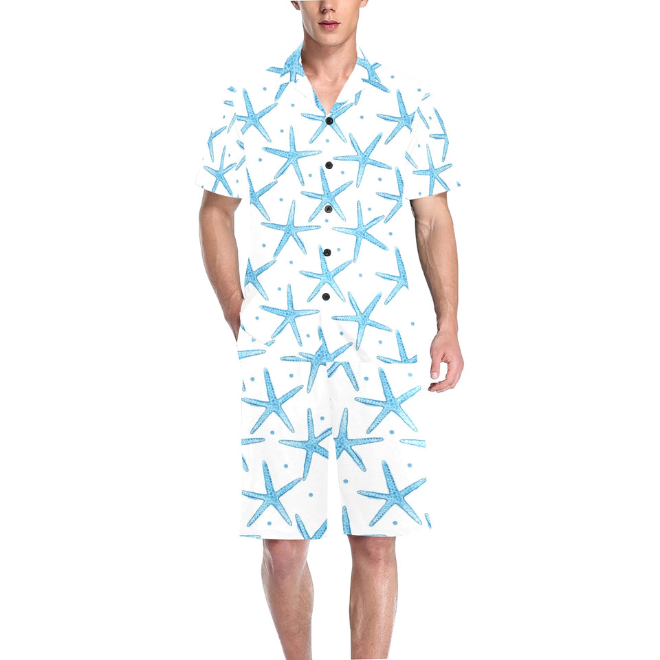 Watercolor starfish pattern Men's V-Neck Short Pajama Set