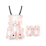 Cute snowman christmas tree snowpink background Chest Sexy Pleated Two Piece Swim Dress