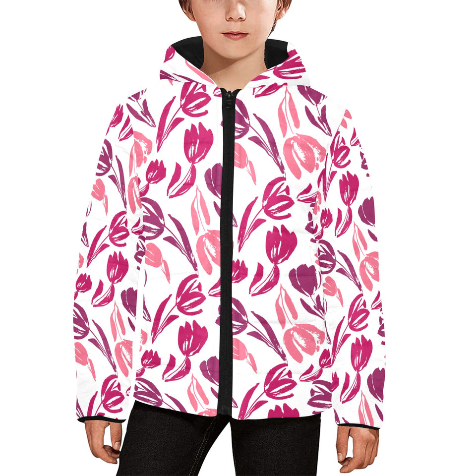 pink sketch tulip pattern Kids' Boys' Girls' Padded Hooded Jacket