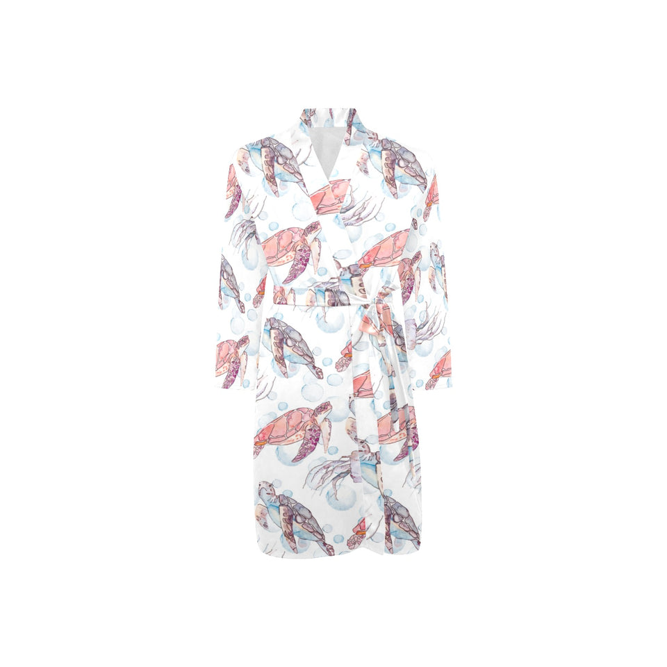 Watercolor sea turtle jellyfish pattern Men's Long Sleeve Belted Night Robe
