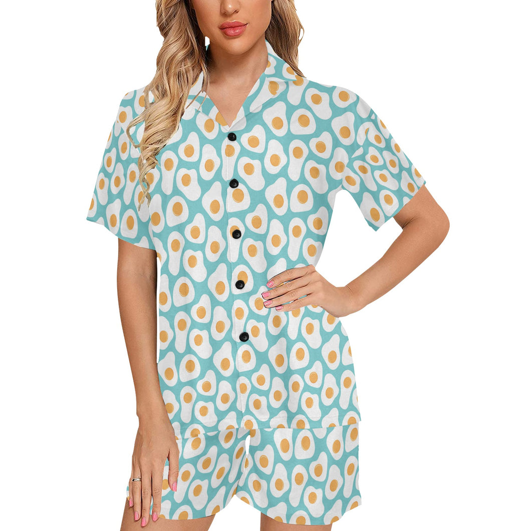 Fried Eggs Pattern Print Design 04 Women's V-Neck Short Pajama Set