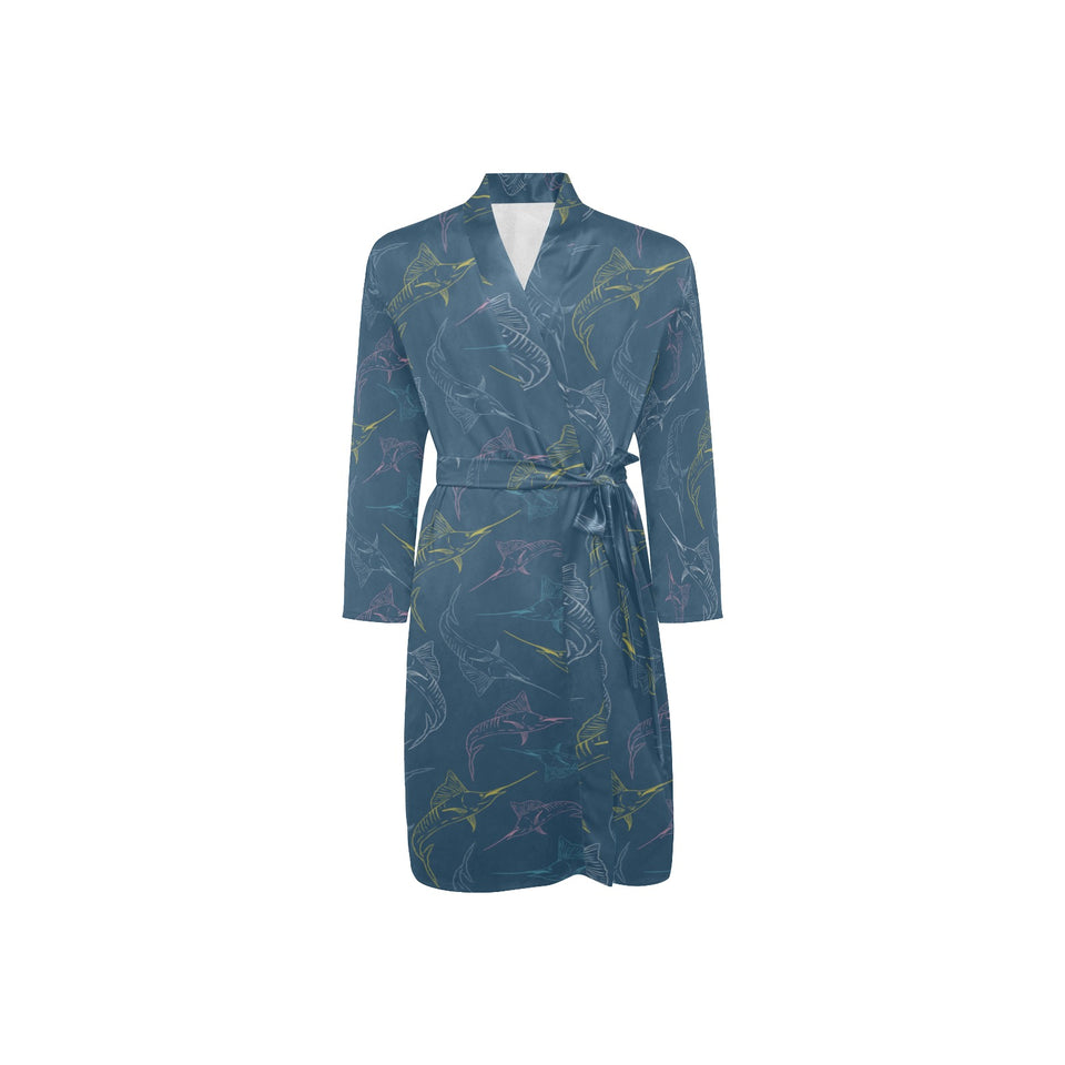 Swordfish Pattern Print Design 02 Men's Long Sleeve Belted Night Robe