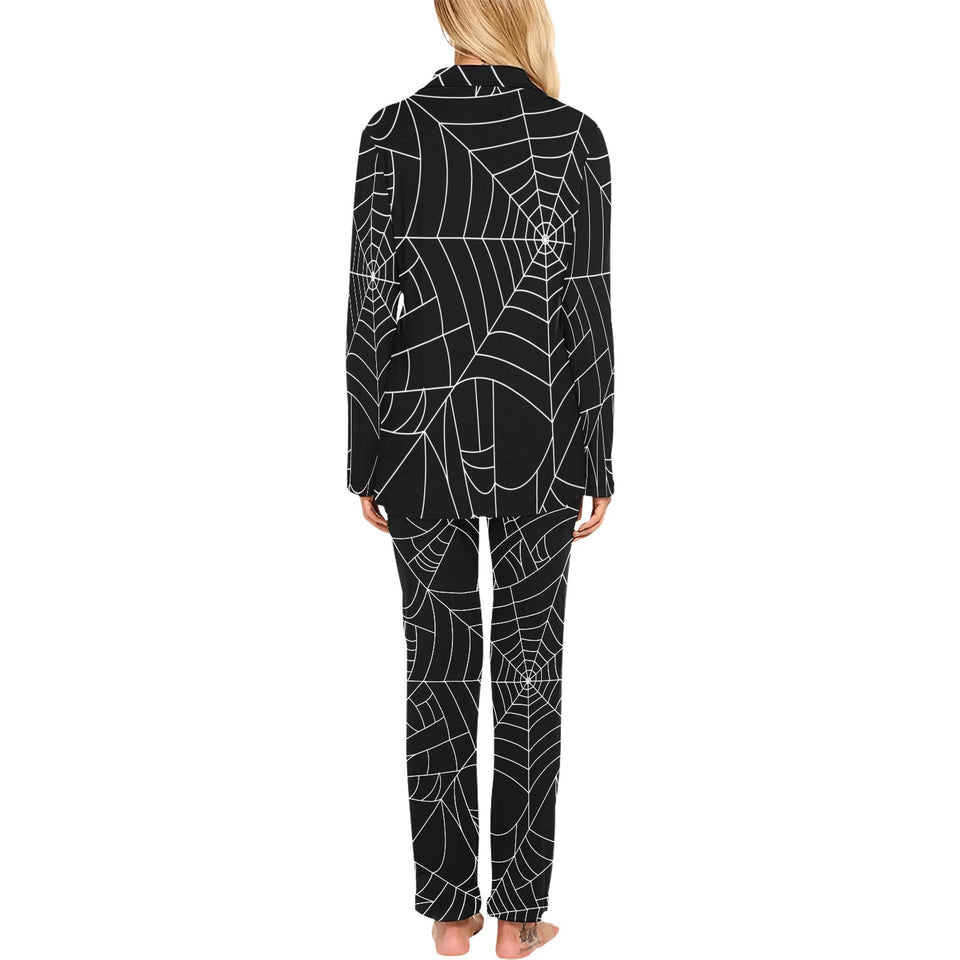 Spider web pattern Black background white cobweb Women's Long Pajama Set