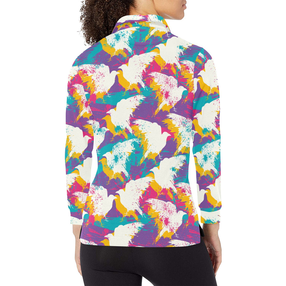 Colorful crow illustration pattern Women's Long Sleeve Polo Shirt