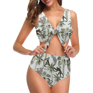 Monkey sloth lemur palm trees pattern Chest Bowknot High Waisted Bikini Swimsuit