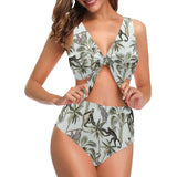 Monkey sloth lemur palm trees pattern Chest Bowknot High Waisted Bikini Swimsuit