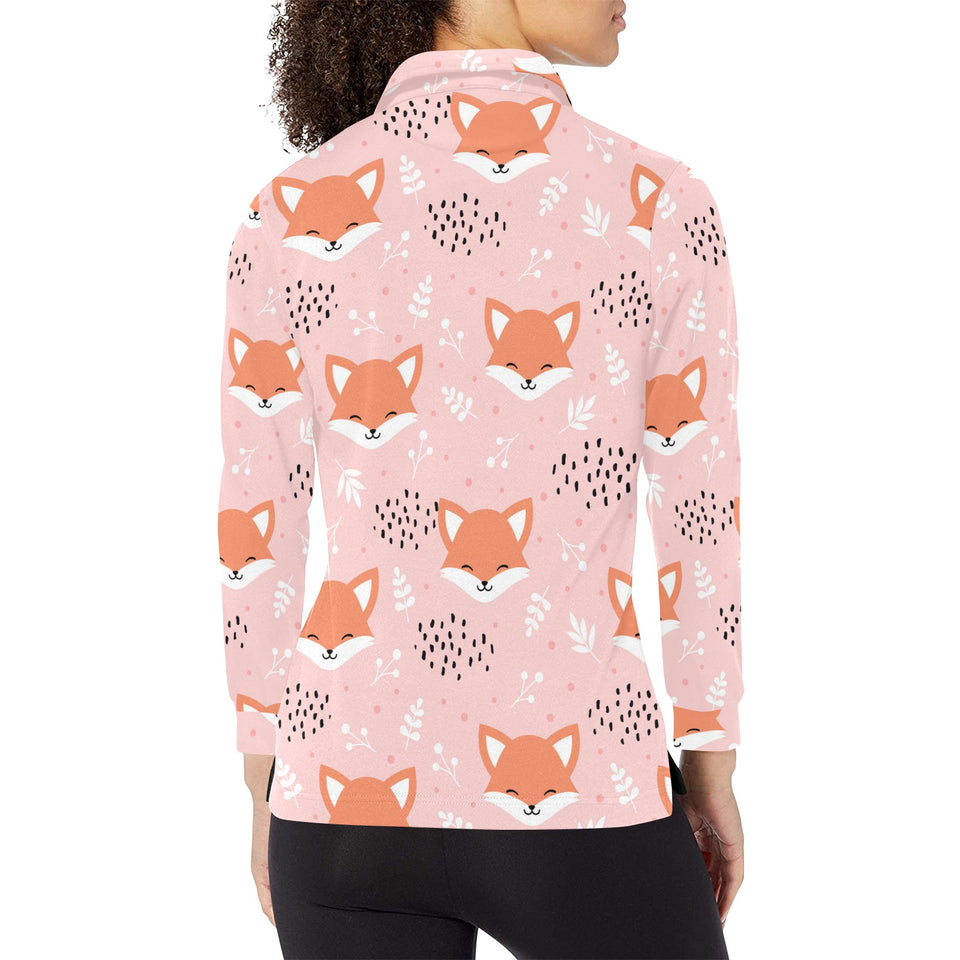 Cute fox pattern pink background Women's Long Sleeve Polo Shirt