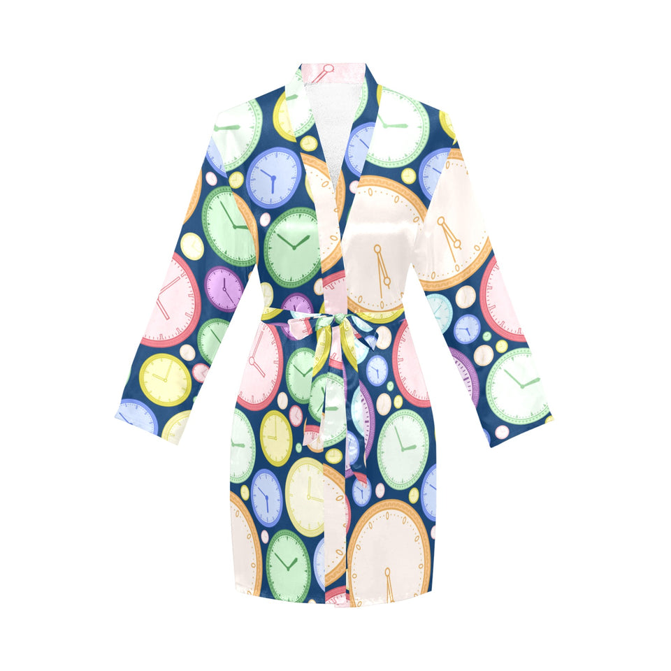 Colorful clock background Women's Long Sleeve Belted Night Robe