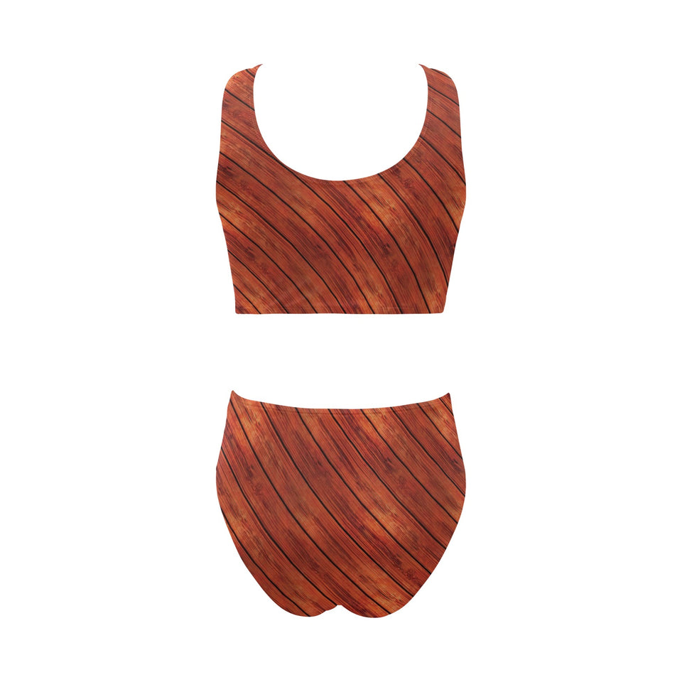 Wood Printed Pattern Print Design 03 Chest Bowknot High Waisted Bikini Swimsuit