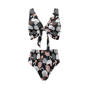 white swan blooming flower pattern Chest Bowknot High Waisted Bikini Swimsuit