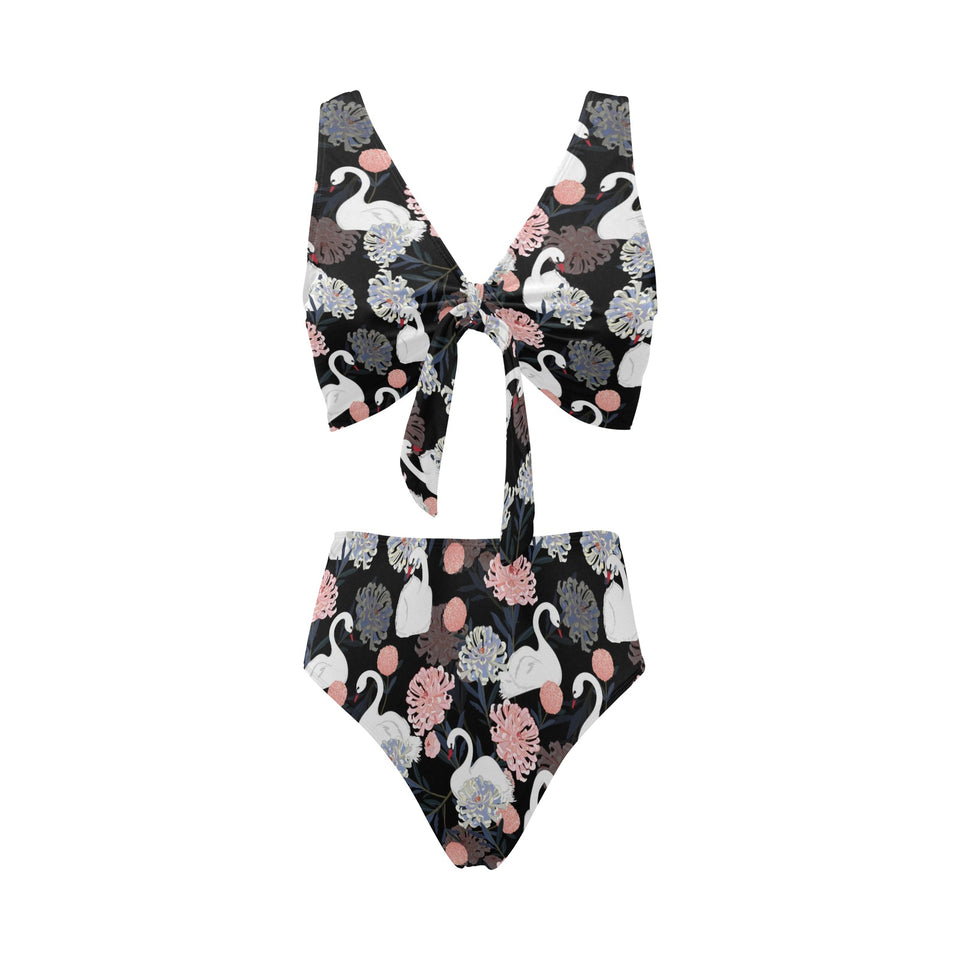 white swan blooming flower pattern Chest Bowknot High Waisted Bikini Swimsuit