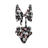 white swan blooming flower pattern Chest Bowknot High Waisted Bikini Swimsuit