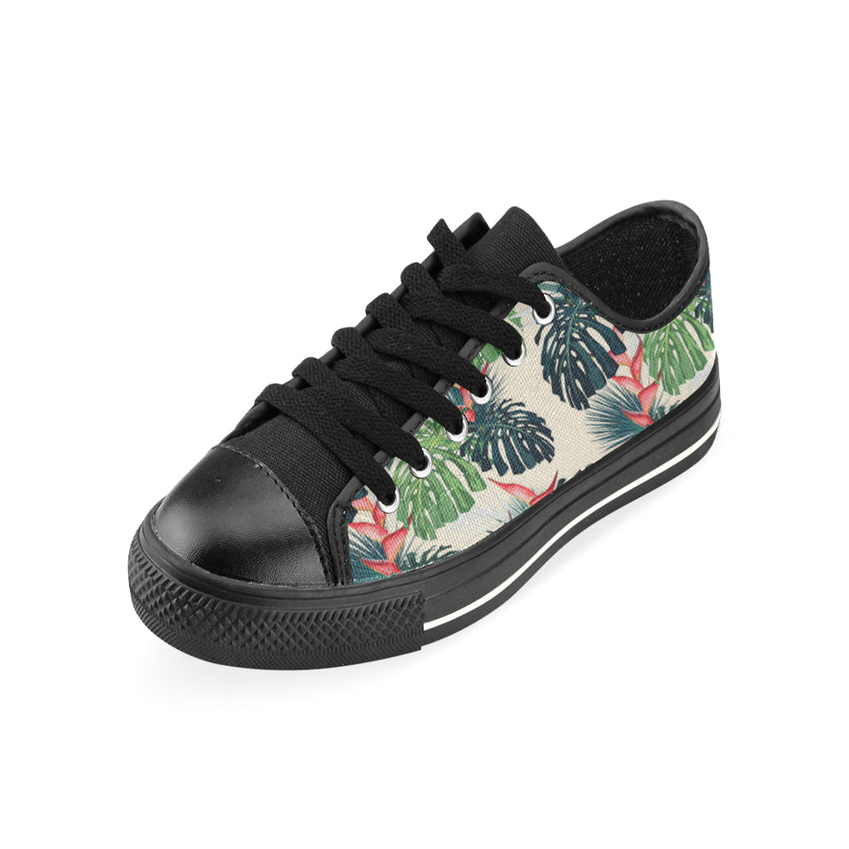 heliconia flowers, palm and monstera leaves Men's Low Top Canvas Shoes Black