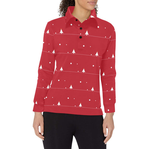 Christmas tree star snow red background Women's Long Sleeve Polo Shirt