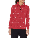 Christmas tree star snow red background Women's Long Sleeve Polo Shirt