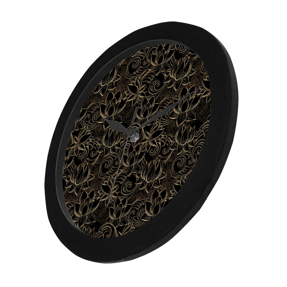 luxurious gold lotus waterlily black background Elegant Black Wall Clock