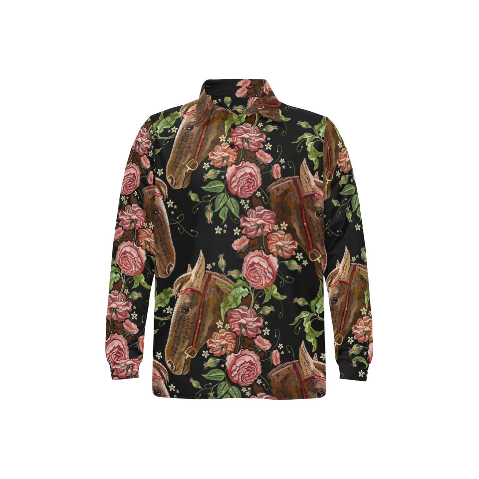 Horse head wild roses pattern Men's Long Sleeve Polo Shirt