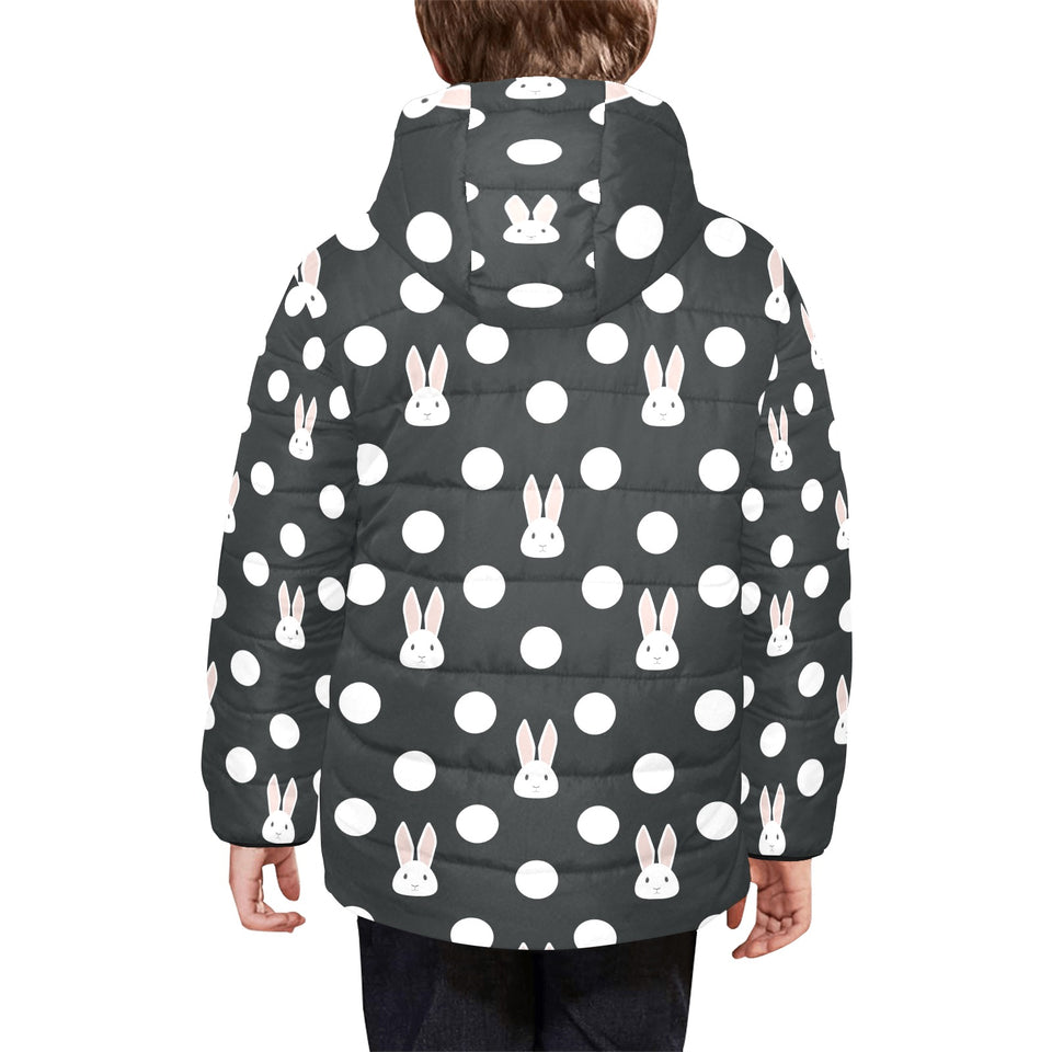 Cute white rabbit polka dots black background Kids' Boys' Girls' Padded Hooded Jacket