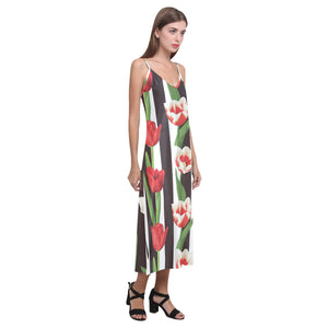 red and white tulips pattern V-Neck Open Fork Long Dress