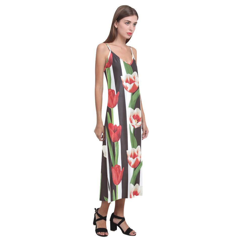 red and white tulips pattern V-Neck Open Fork Long Dress