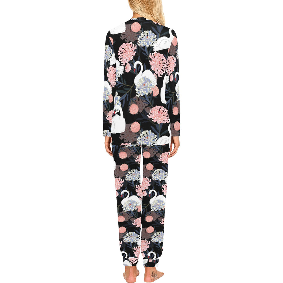 white swan blooming flower pattern Women's All Over Print Pajama Set