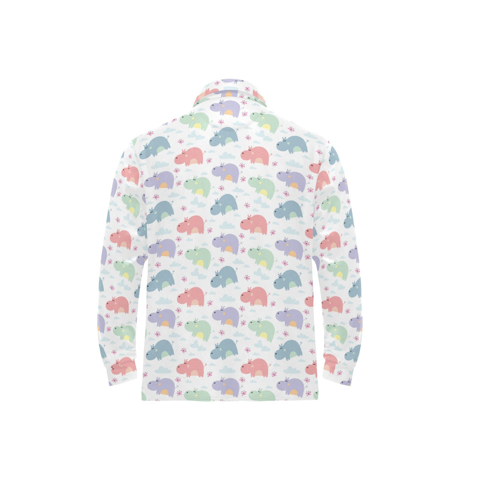 Hippopotamus Pattern Print Design 03 Men's Long Sleeve Polo Shirt