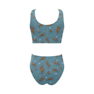 Sea otters pattern Chest Bowknot High Waisted Bikini Swimsuit
