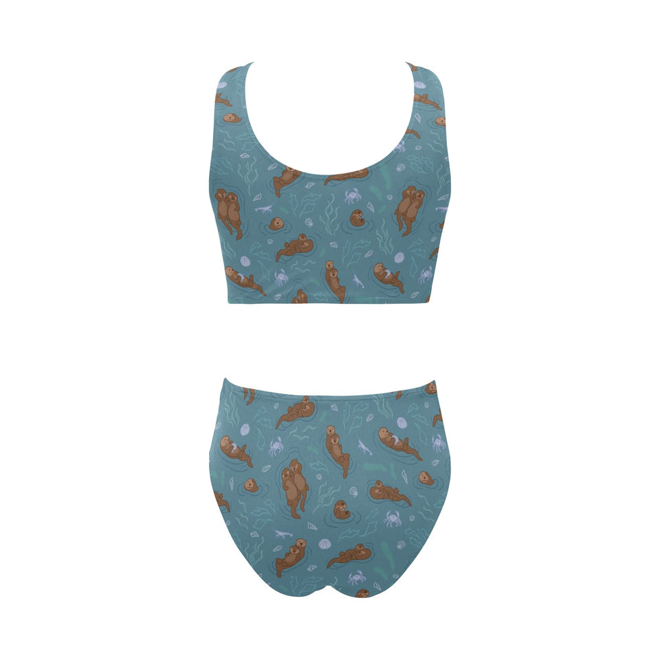 Sea otters pattern Chest Bowknot High Waisted Bikini Swimsuit