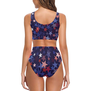 Red blue star pattern Chest Bowknot High Waisted Bikini Swimsuit
