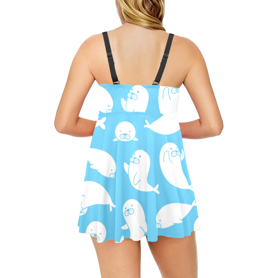 Cute white sea lion seals pattern Chest Sexy Pleated Two Piece Swim Dress