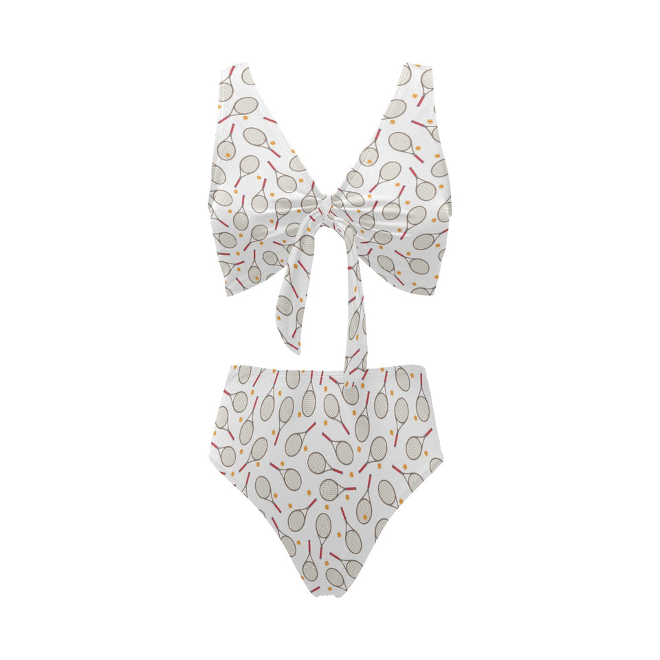 Tennis Pattern Print Design 04 Chest Bowknot High Waisted Bikini Swimsuit
