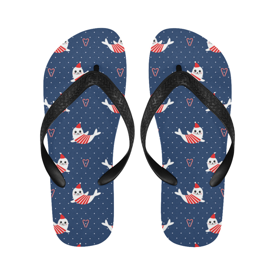 Cute sea lion seal christmas hat candy cane heart Unisex Flip Flops