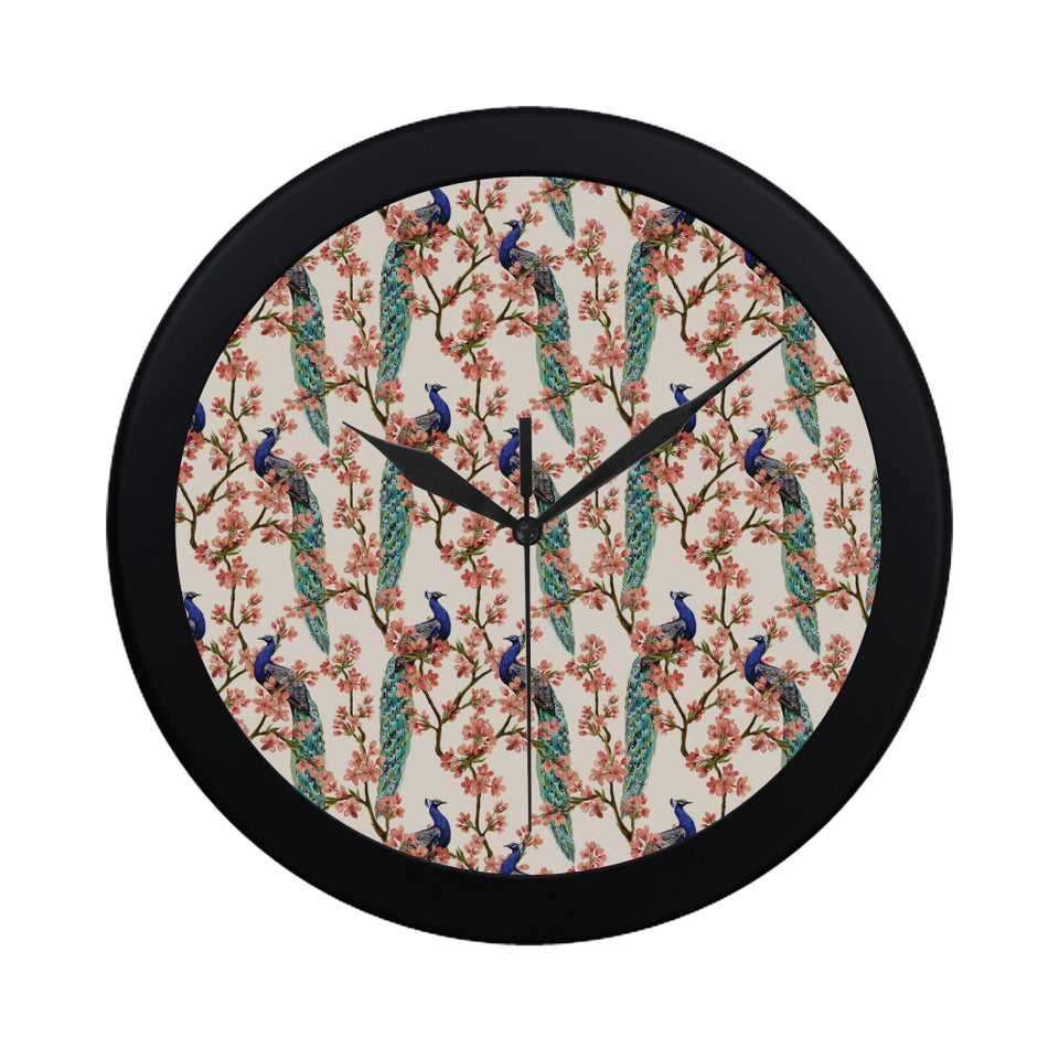 Peacock tropical flower pattern Elegant Black Wall Clock