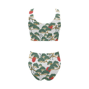 Bonsai red sun japanese pattern Chest Bowknot High Waisted Bikini Swimsuit