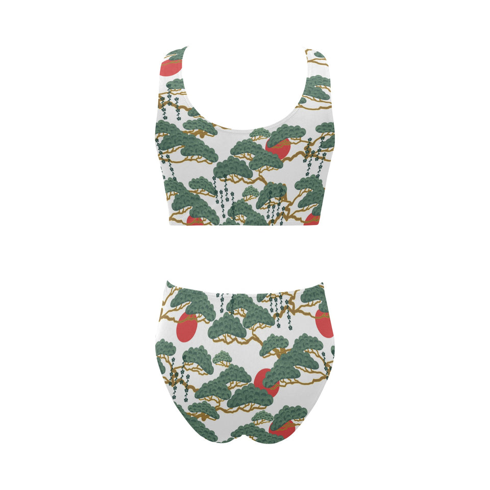 Bonsai red sun japanese pattern Chest Bowknot High Waisted Bikini Swimsuit