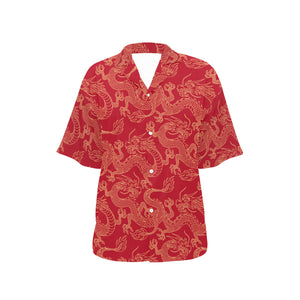 Gold dragons red background Women's All Over Print Hawaiian Shirt
