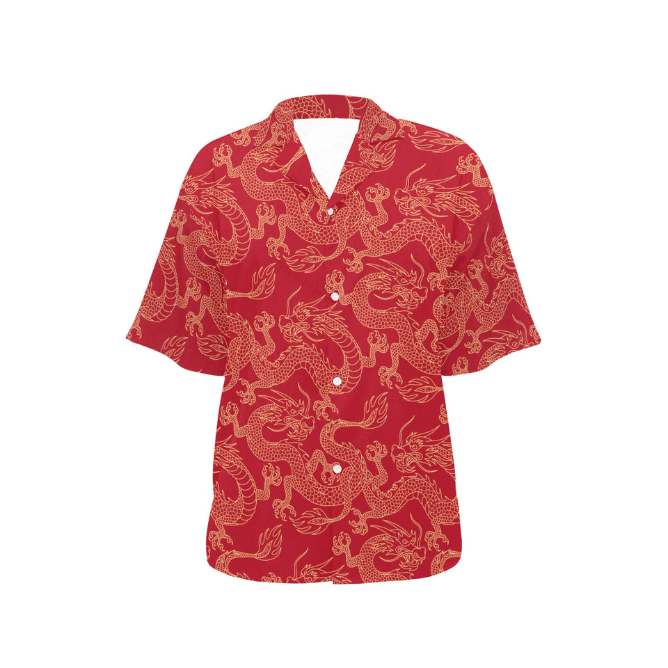 Gold dragons red background Women's All Over Print Hawaiian Shirt