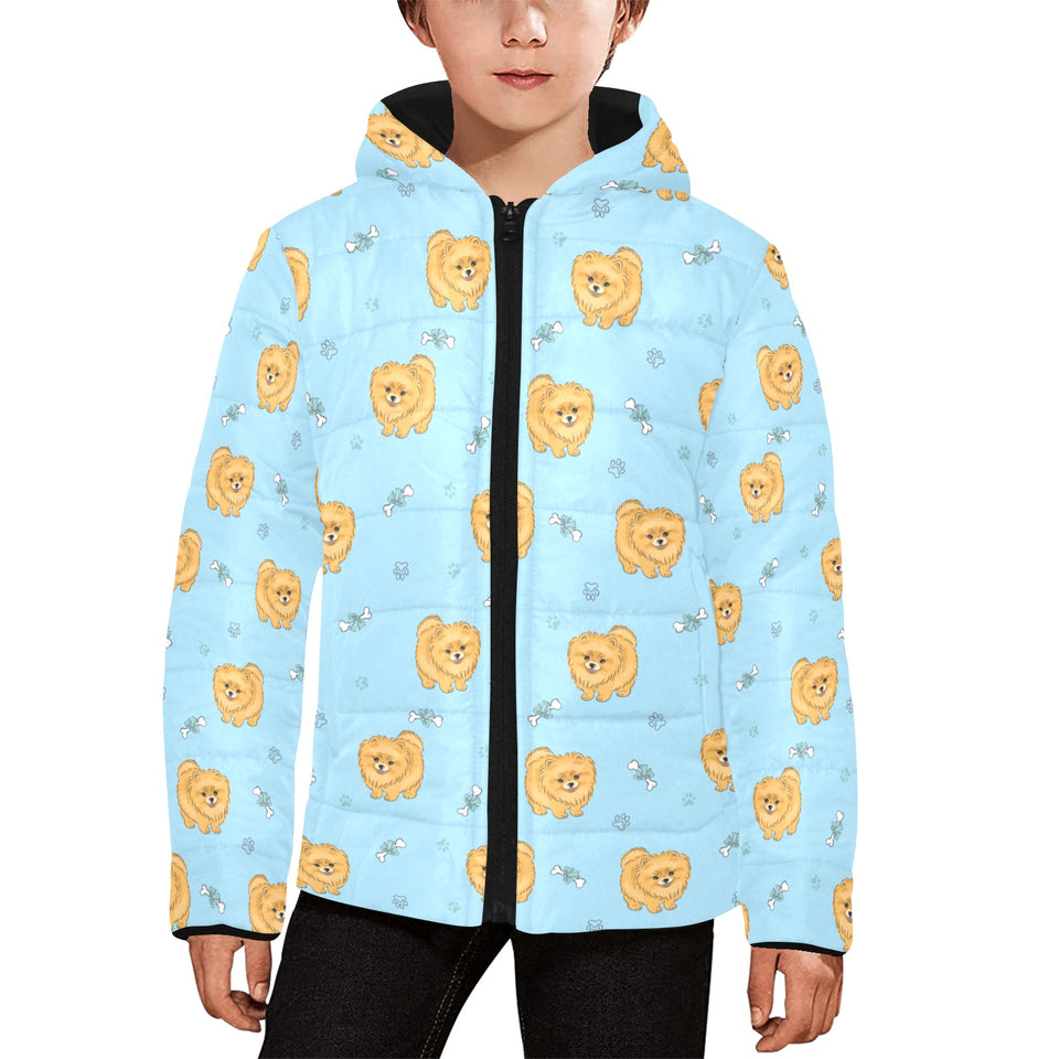 Brown cute pomeranian blue blackground Kids' Boys' Girls' Padded Hooded Jacket