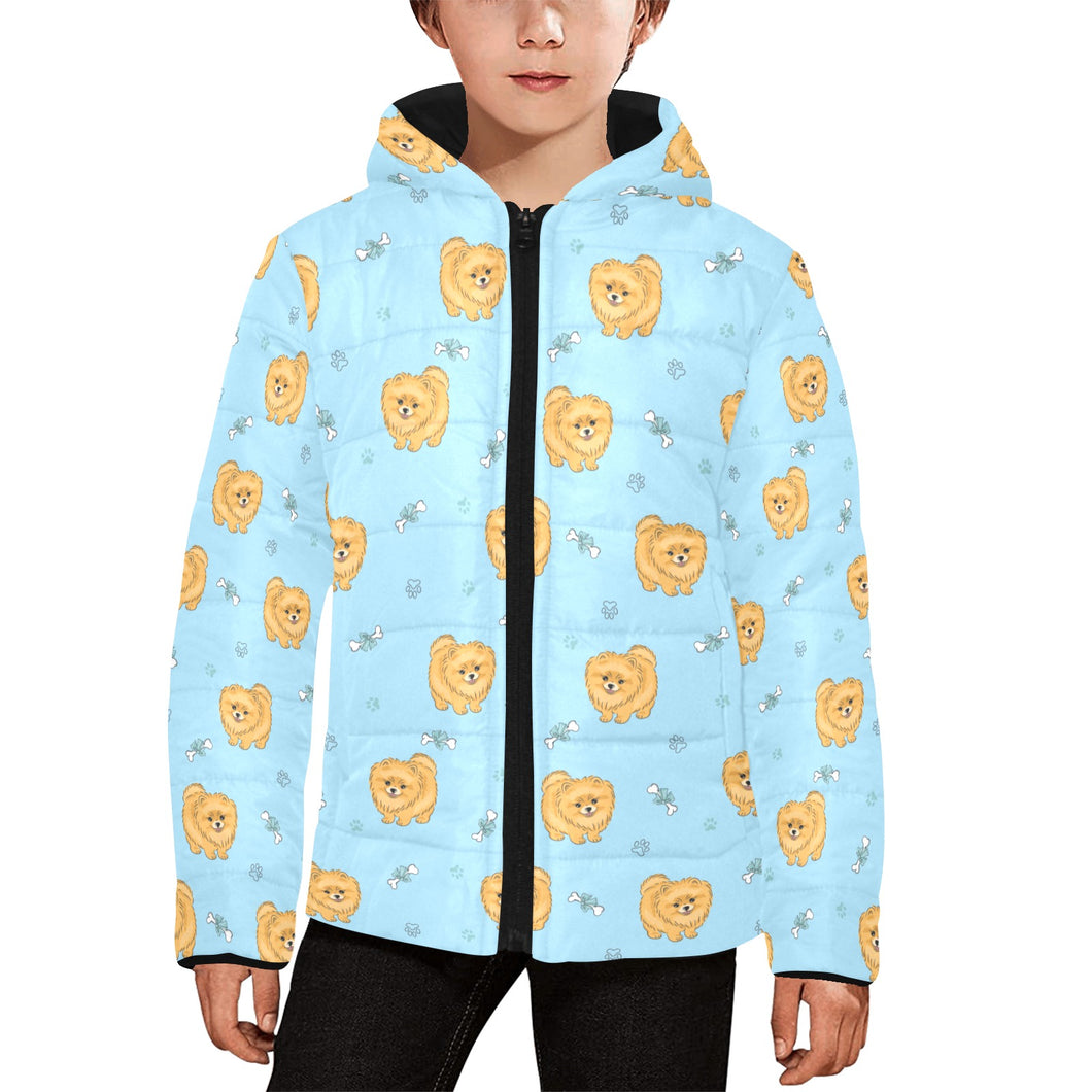 Brown cute pomeranian blue blackground Kids' Boys' Girls' Padded Hooded Jacket