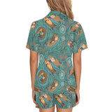 cute brown sea otters ornamental seaweed corals gr Women's V-Neck Short Pajama Set